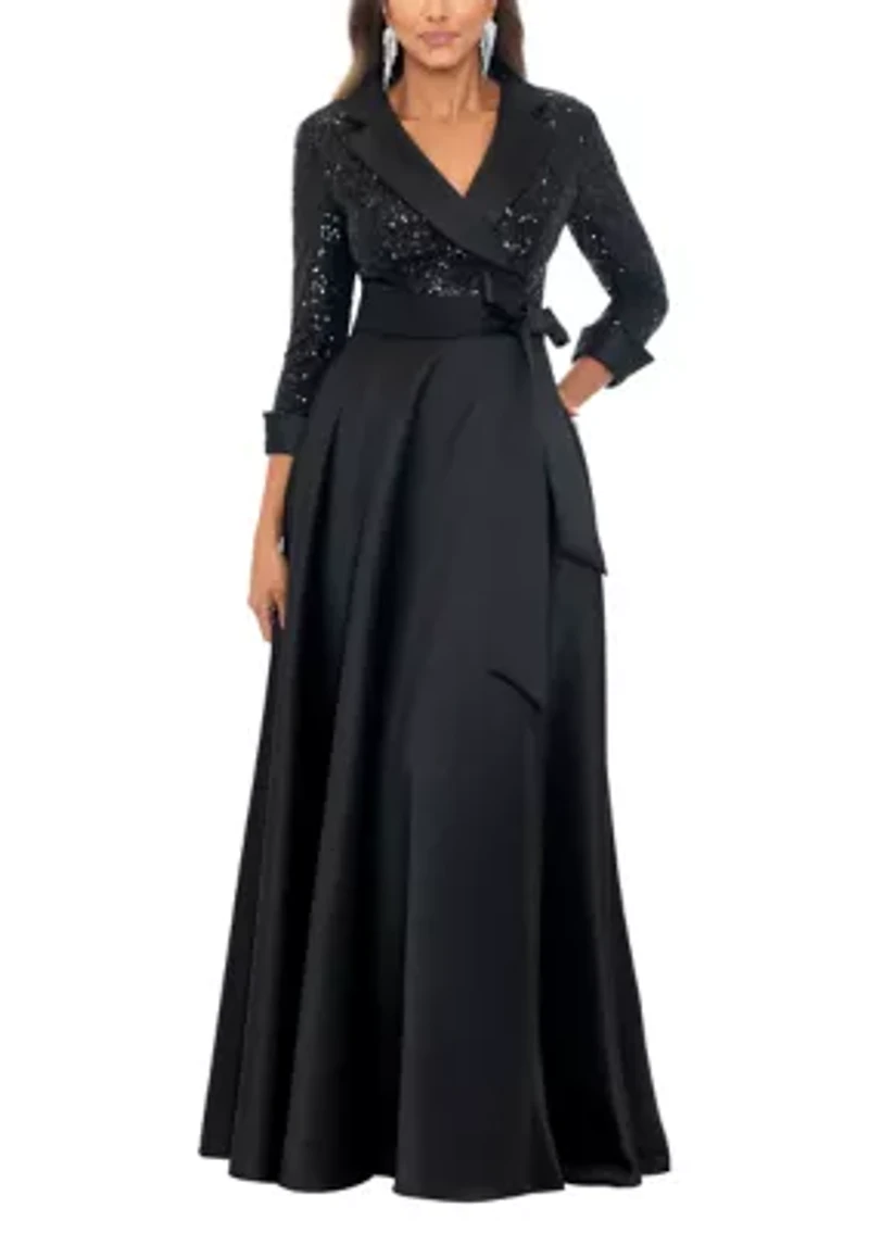 Women's Long Sleeve V-Neck Solid Sequin Ballgown