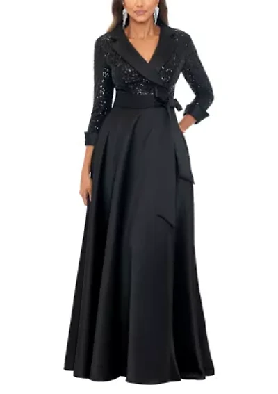 Women's Long Sleeve V-Neck Solid Sequin Ballgown