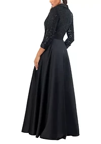 Women's Long Sleeve V-Neck Solid Sequin Ballgown