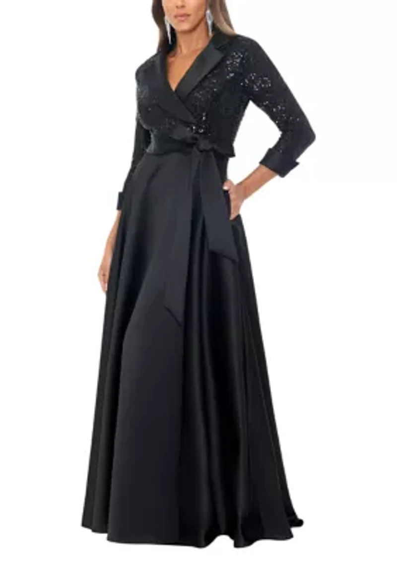 Women's Long Sleeve V-Neck Solid Sequin Ballgown