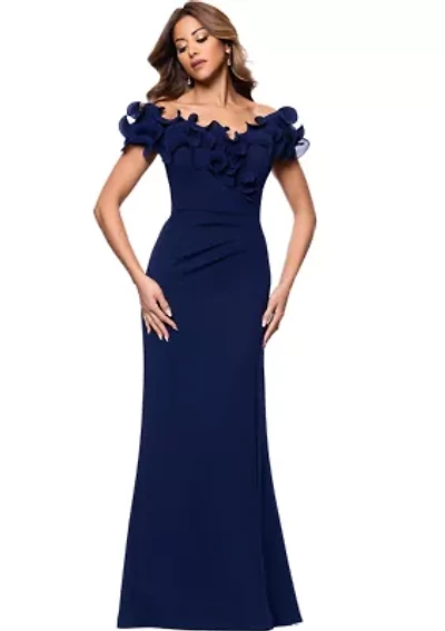 Women's Off the Shoulder Scuba Ruffle Sheath Gown