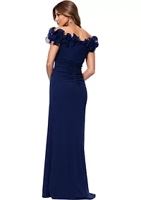 Women's Off the Shoulder Scuba Ruffle Sheath Gown