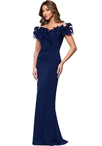 Women's Off the Shoulder Scuba Ruffle Sheath Gown