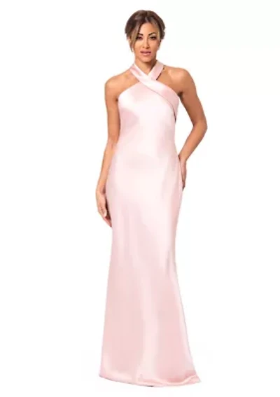 Women's Sleeveless Halter Neck Solid Scuba Crepe Gown