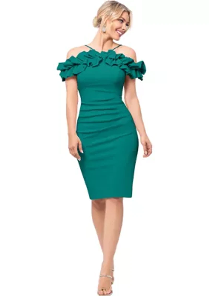 Women's Off the Shoulder Scuba Ruffle Sheath Dress