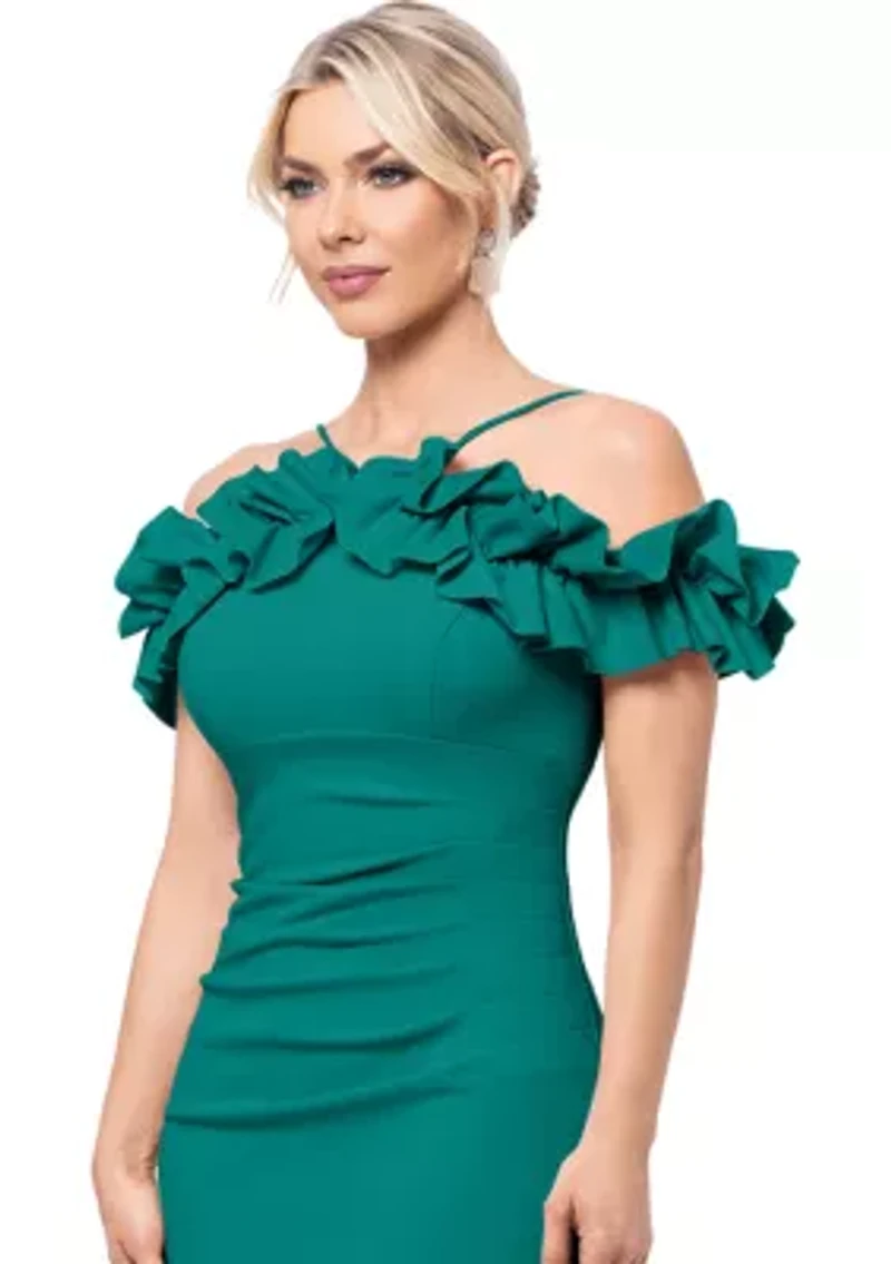 Women's Off the Shoulder Scuba Ruffle Sheath Dress