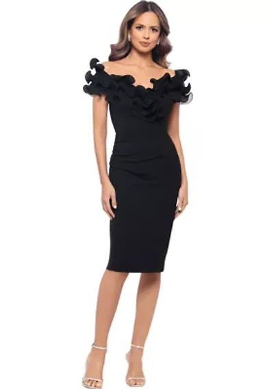 Women's Off the Shoulder Scuba Ruffle Sheath Dress