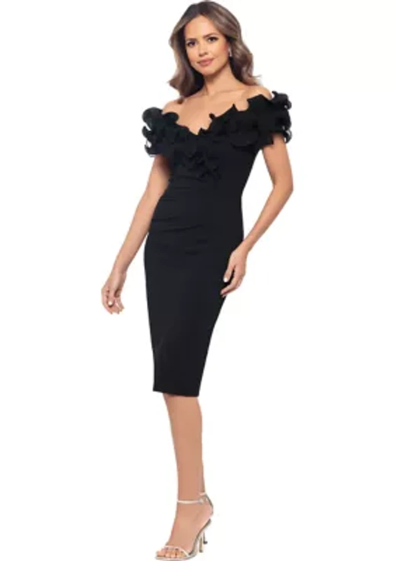 Women's Off the Shoulder Scuba Ruffle Sheath Dress