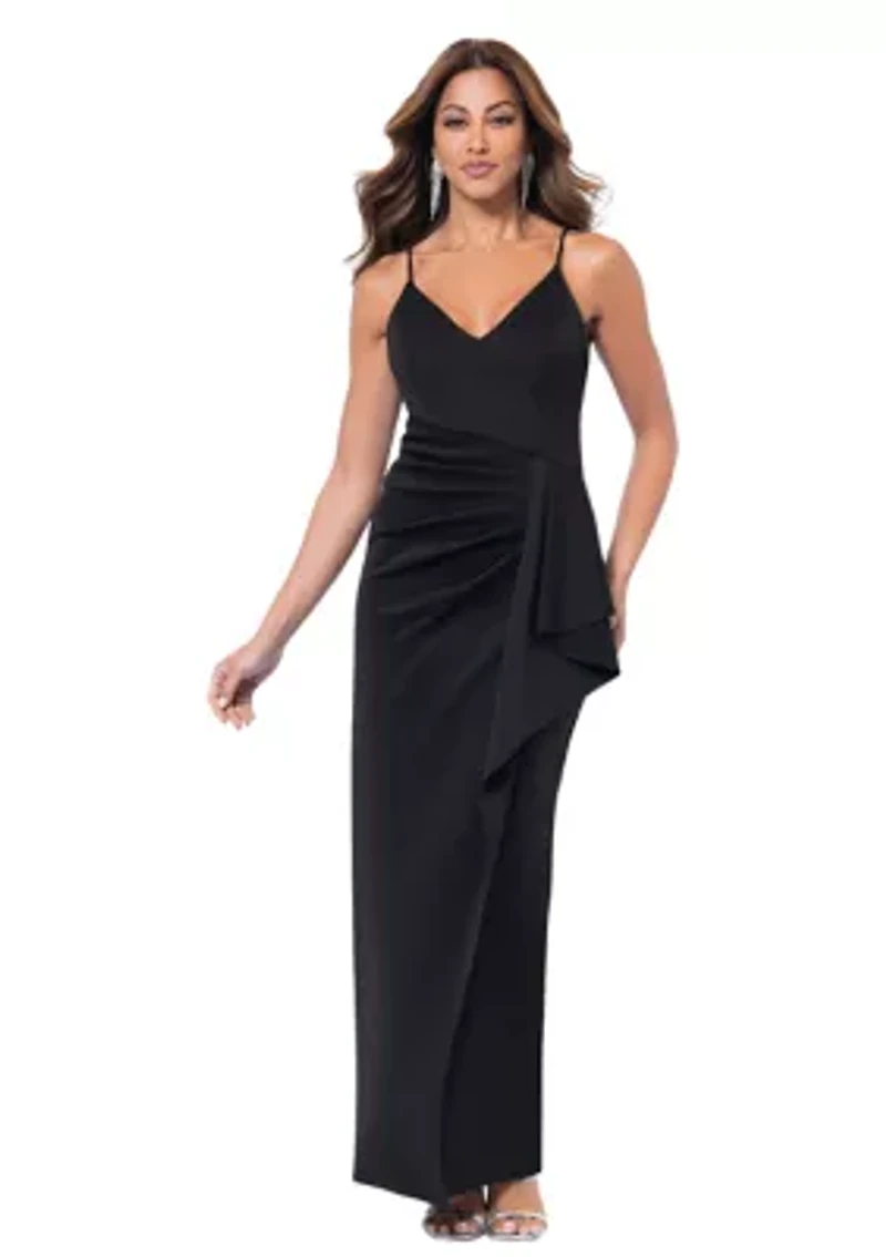 Women's Sleeveless V-Neck Solid Side Ruffle Gown