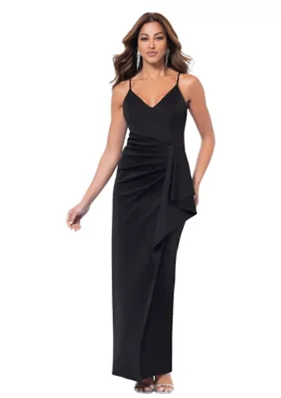 Women's Sleeveless V-Neck Solid Side Ruffle Gown