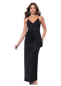 Women's Sleeveless V-Neck Solid Side Ruffle Gown