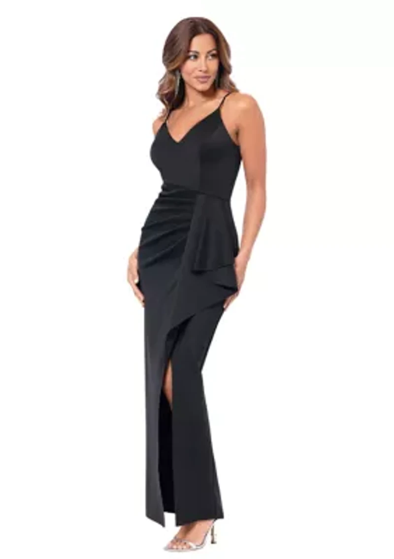 Women's Sleeveless V-Neck Solid Side Ruffle Gown