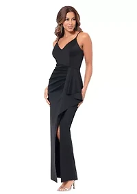 Women's Sleeveless V-Neck Solid Side Ruffle Gown
