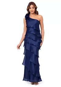 Women's Sleeveless Asymmetrical Tier Ruffle Solid Gown