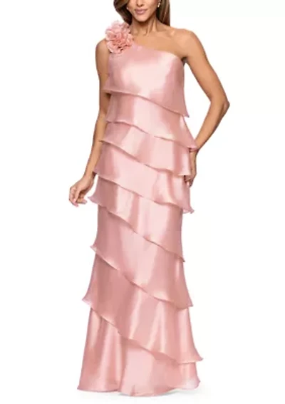 Women's Sleeveless Asymmetrical Tier Ruffle Solid Gown