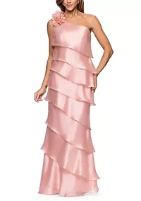 Women's Sleeveless Asymmetrical Tier Ruffle Solid Gown