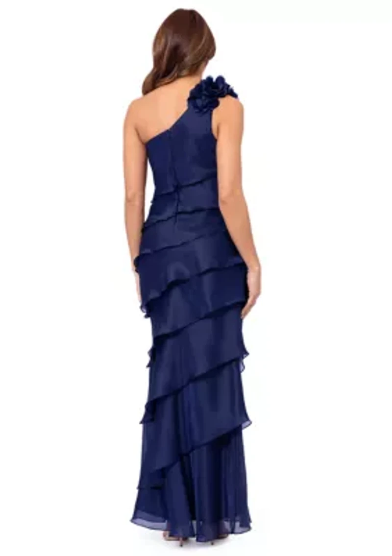 Women's Sleeveless Asymmetrical Tier Ruffle Solid Gown