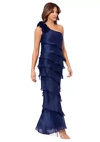 Women's Sleeveless Asymmetrical Tier Ruffle Solid Gown
