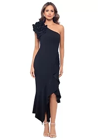 Women's Sleeveless Asymmetrical Neck Ruffle Gown