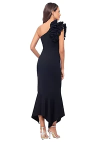 Women's Sleeveless Asymmetrical Neck Ruffle Gown