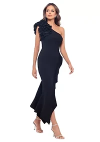 Women's Sleeveless Asymmetrical Neck Ruffle Gown