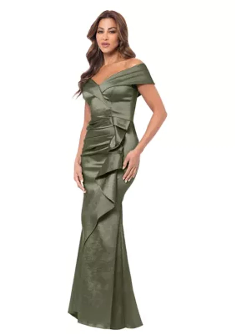 Women's Sleeveless Off the Shoulder Solid Ruffle Gown