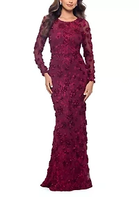 Women's Long Sleeve Fit and Flare Appliqué Gown