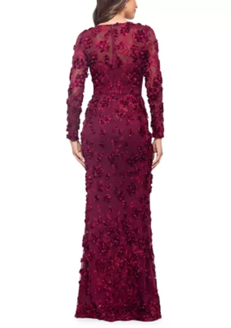 Women's Long Sleeve Fit and Flare Appliqué Gown
