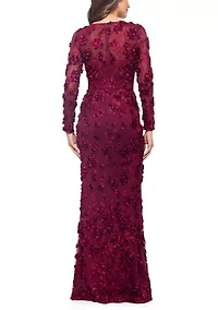 Women's Long Sleeve Fit and Flare Appliqué Gown