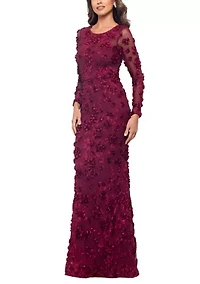 Women's Long Sleeve Fit and Flare Appliqué Gown