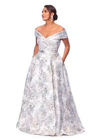 Women's Sleeveless Off the Shoulder Floral Print Scuba Gown