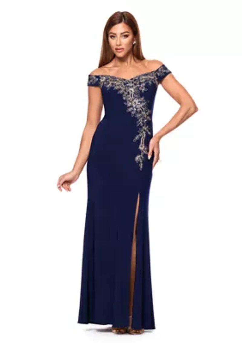 Women's Sleeveless Off the Shoulder Solid Embellished Gown
