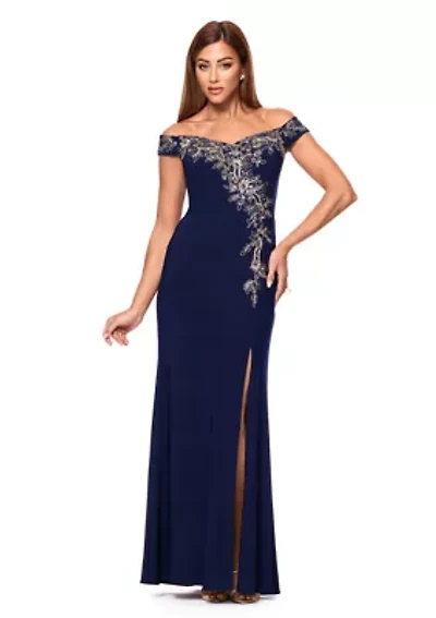 Women's Sleeveless Off the Shoulder Solid Embellished Gown