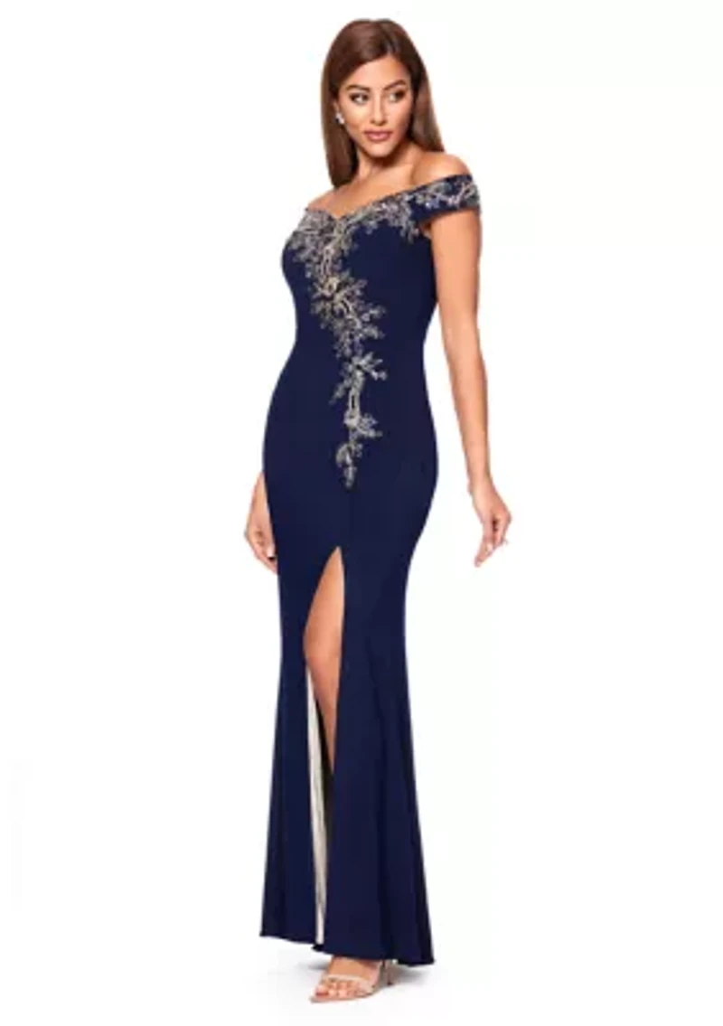 Women's Sleeveless Off the Shoulder Solid Embellished Gown
