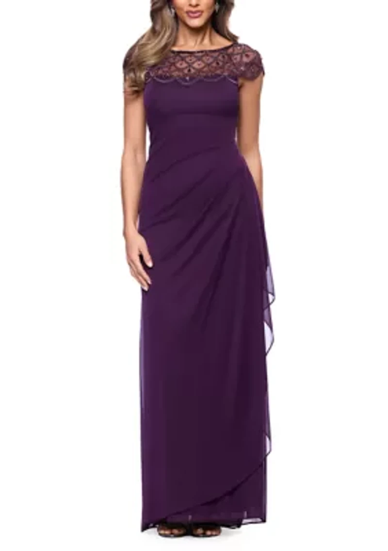 Women's Short Sleeve Mesh Beaded Yoke Gown