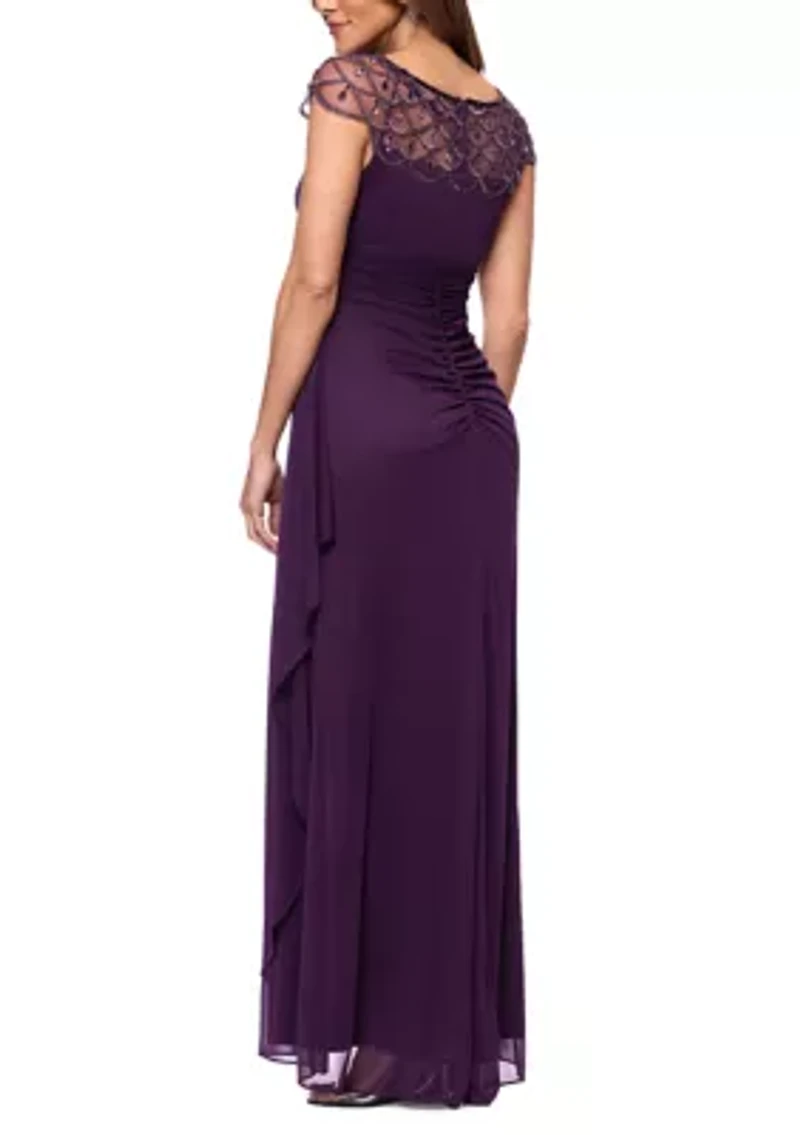 Women's Short Sleeve Mesh Beaded Yoke Gown