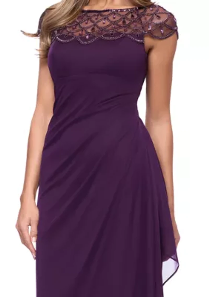Women's Short Sleeve Mesh Beaded Yoke Gown