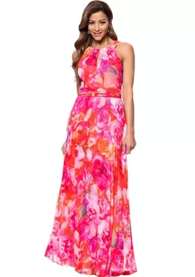 Women's Halter Neck Floral Printed Chiffon Gown