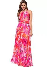 Women's Halter Neck Floral Printed Chiffon Gown