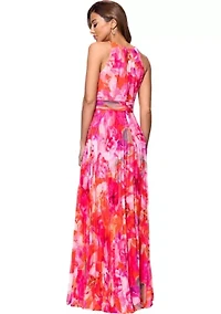 Women's Halter Neck Floral Printed Chiffon Gown