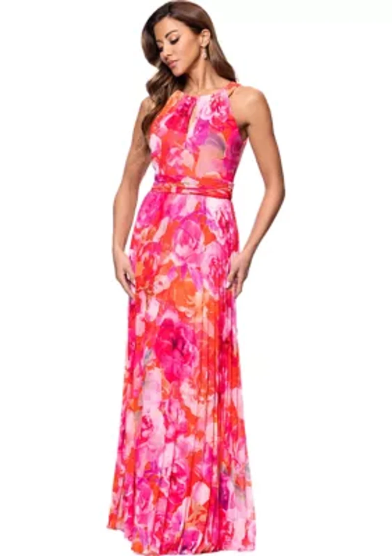 Women's Halter Neck Floral Printed Chiffon Gown