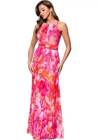 Women's Halter Neck Floral Printed Chiffon Gown