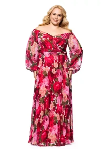 Plus Floral Printed Pleated Gown