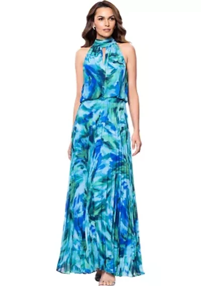 Women's Halter Neck Floral Printed Chiffon Gown