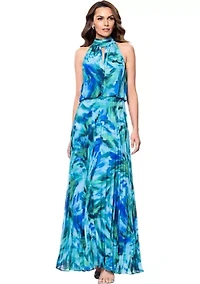 Women's Halter Neck Floral Printed Chiffon Gown