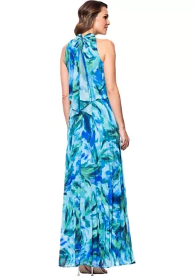 Women's Halter Neck Floral Printed Chiffon Gown