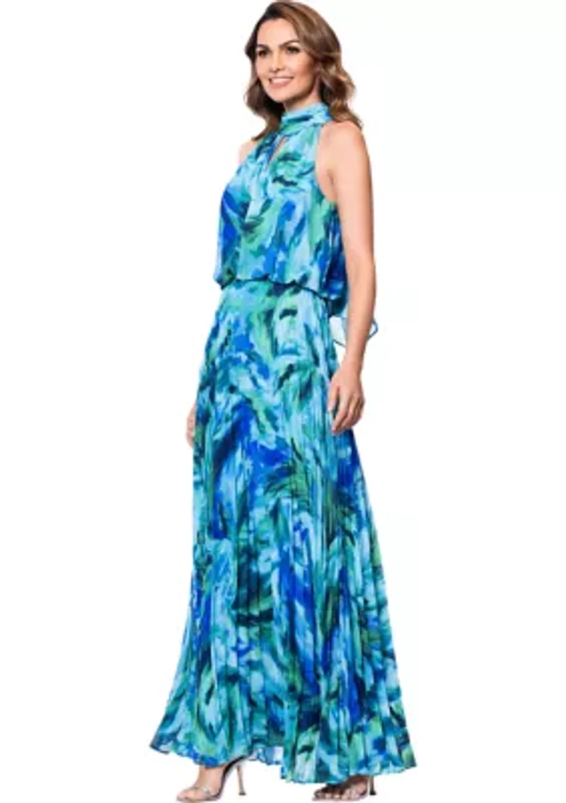 Women's Halter Neck Floral Printed Chiffon Gown