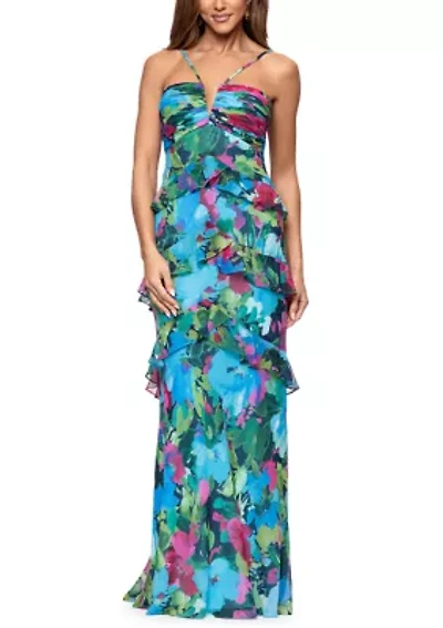 Women's Halter Printed Ruffle Gown