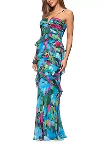 Women's Halter Printed Ruffle Gown