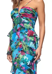 Women's Halter Printed Ruffle Gown